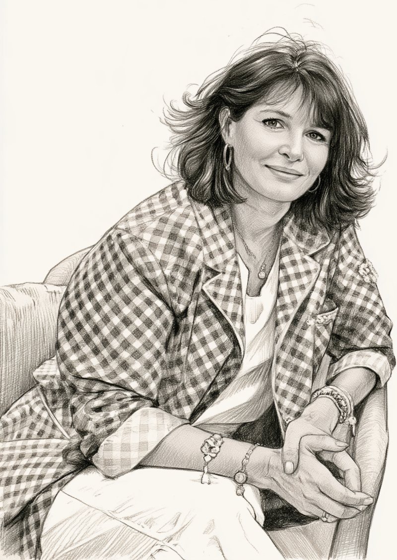 Portrait dessiné de Nathalie, fondatrice d’APLOMB, souriante, en veste vichy et bracelets